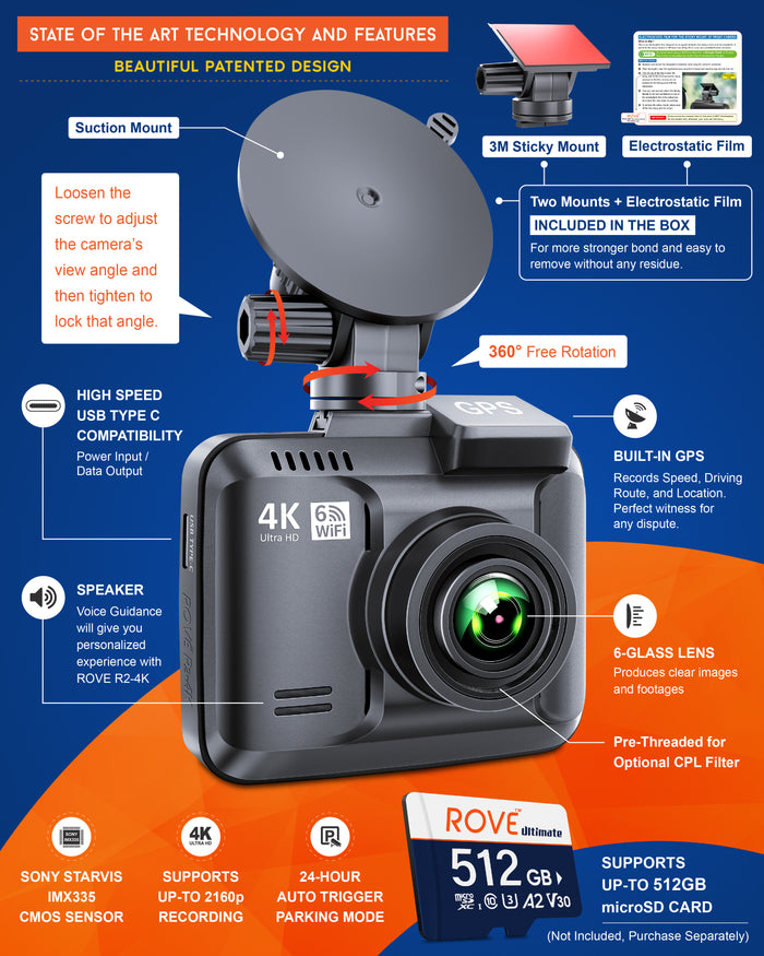 Dash cam with suction mount and front lens, showing 4K and Wi-Fi features