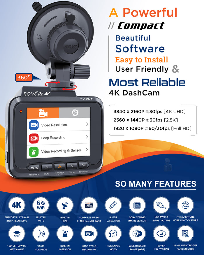 4K dash cam with built-in Wi-Fi and GPS, front screen and swivel mount