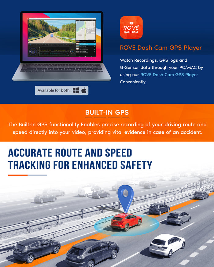 Dash cam with built-in GPS route and speed tracking, shown with laptop