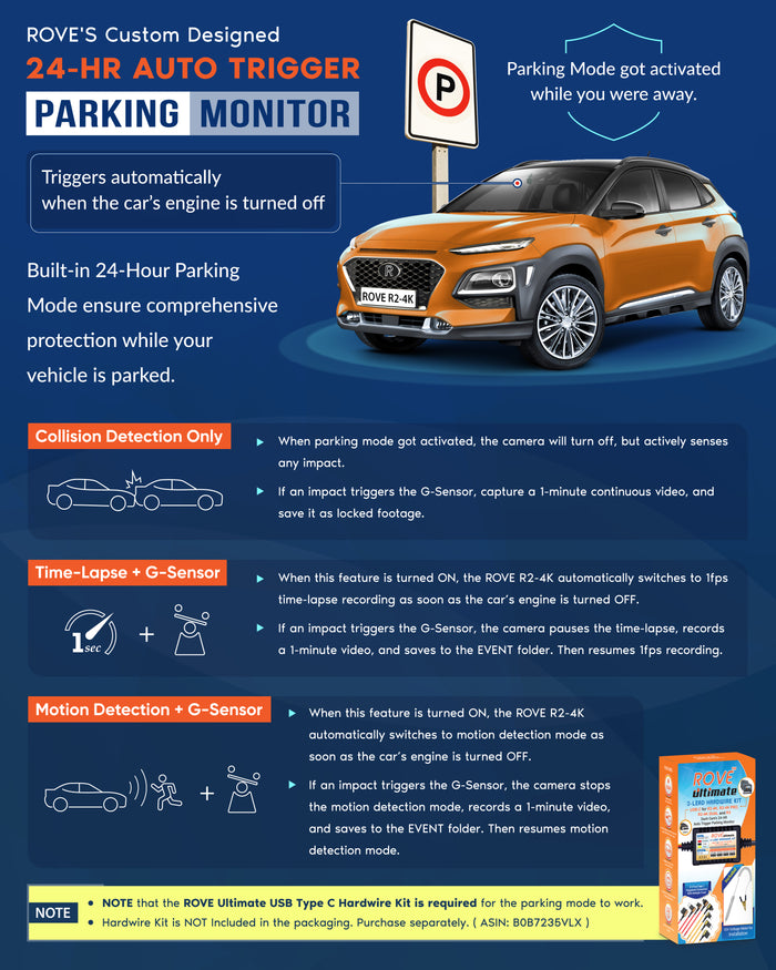 Dash cam with parking monitor mode, front lens and control screen
