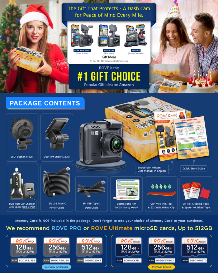 Dash cam bundle contents: camera, mount, and cables shown in package layout