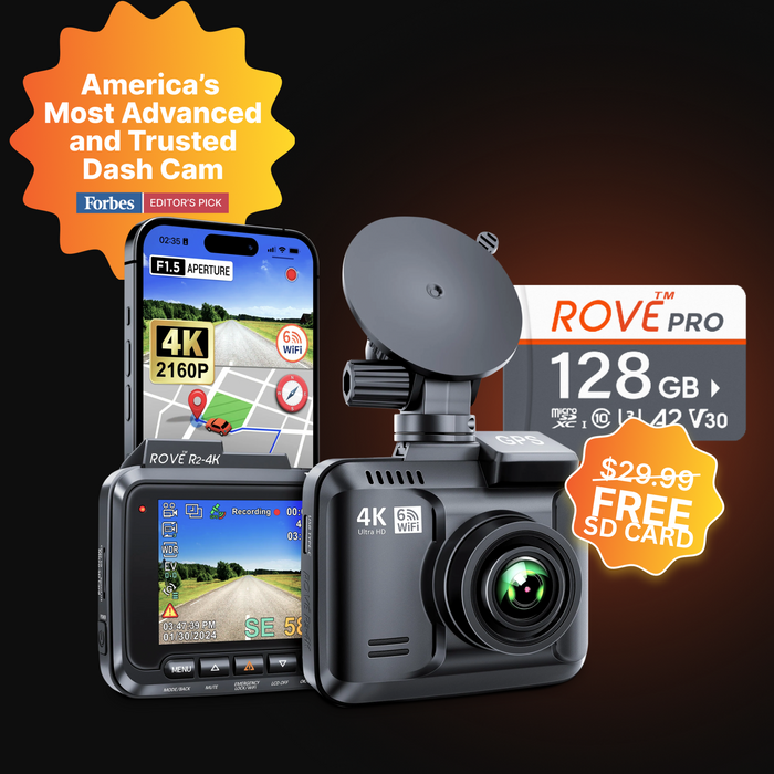 Rove dash cam with detachable screen and included 128GB microSD card