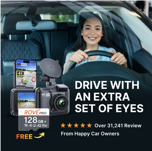 Rove dash cam mounted inside car with front lens near windshield