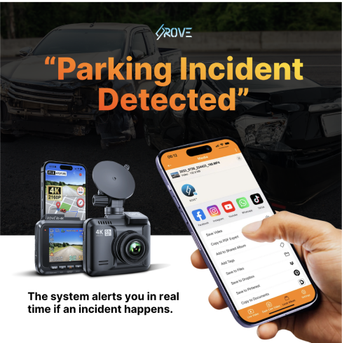 Rove dash cam with smartphone showing alert icons and mobile app screen