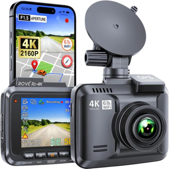 Rove dash cam close-up with front lens, built-in screen, and mounting bracket