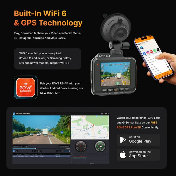 Rove dash cam with windshield mount and smartphone connection screen