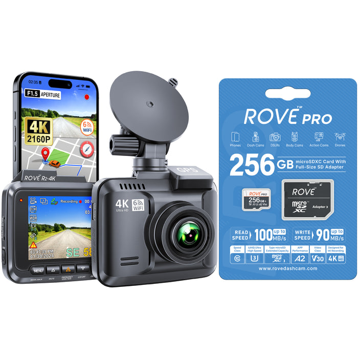ROVE R2 dash cam with ROVE PRO 256GB microSD card, blue packaging