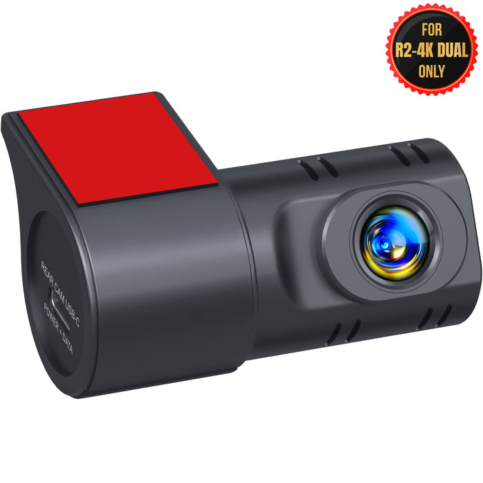 Dual rear camera close-up, black dashcam body with red top and glass lens