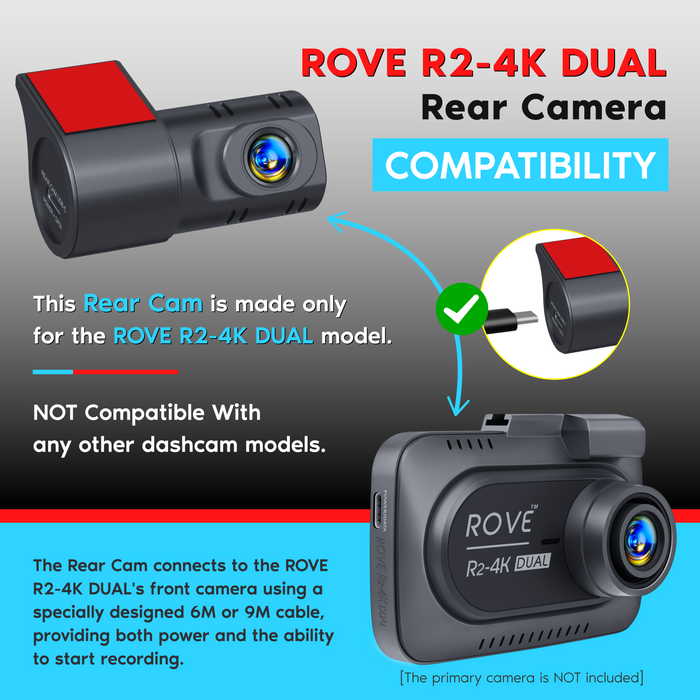 ROVE R2-4K dual rear camera, black body with red panel and front lens