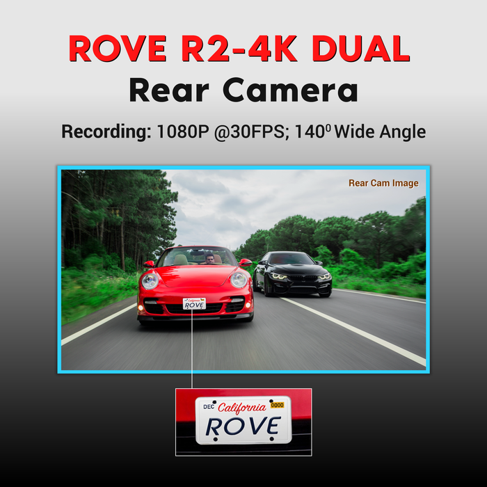 Dual rear camera showing 1080P video preview frame, black unit with lens