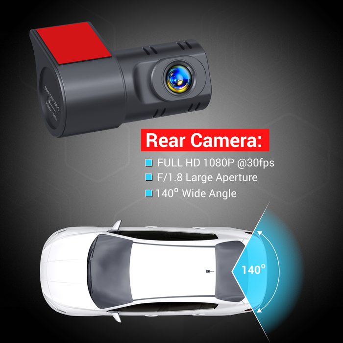 Dual rear camera with 140° wide-angle view, black body and front lens
