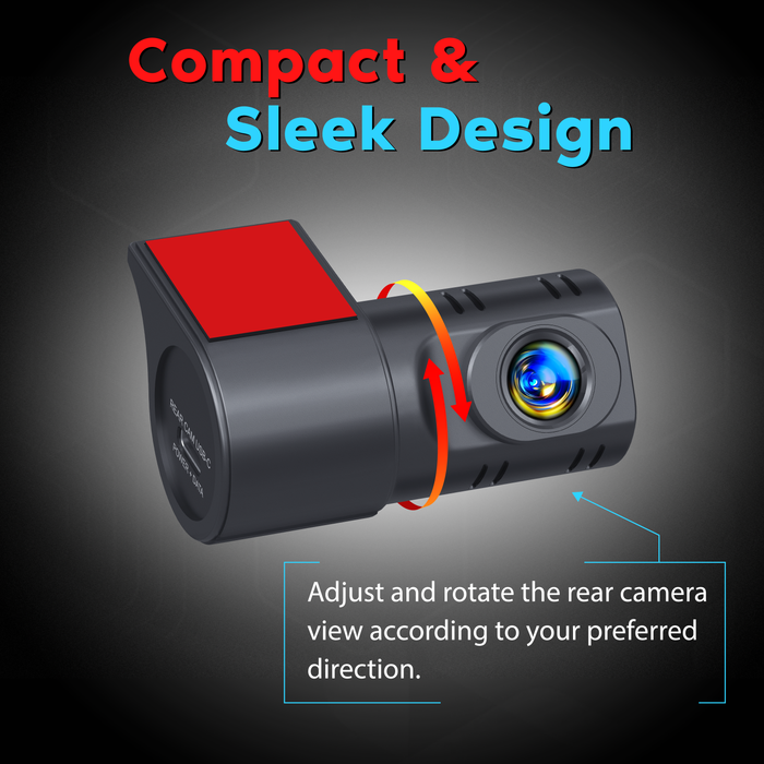 Dual rear camera with rotatable lens mount, compact black body with red top