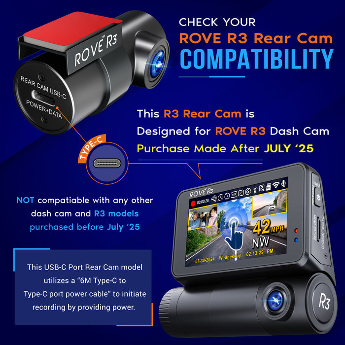 ROVE R3 rear camera with USB-C port and lens, compact cylinder design