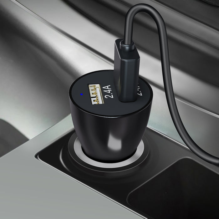 Black dual USB car charger with two 2.4A ports and plug for power socket