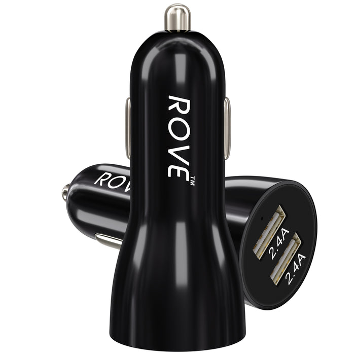 ROVE dual USB fast car charger, black plug with two 2.4A ports