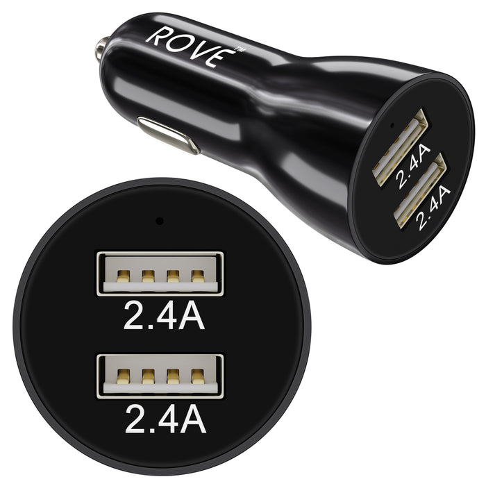 Black dual USB car charger showing two 2.4A ports on side panel