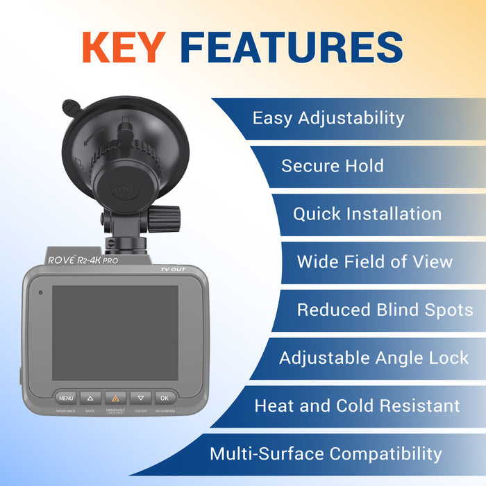 ROVE suction cup dash cam mount with adjustable arm and dashboard bracket