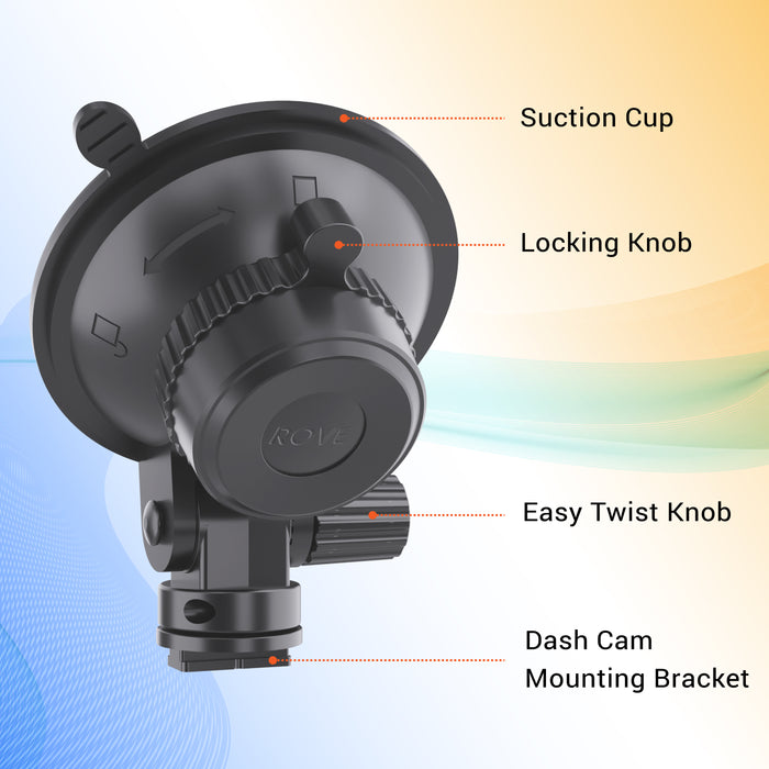 ROVE suction cup dash cam mount with locking and twist knobs, mounting bracket