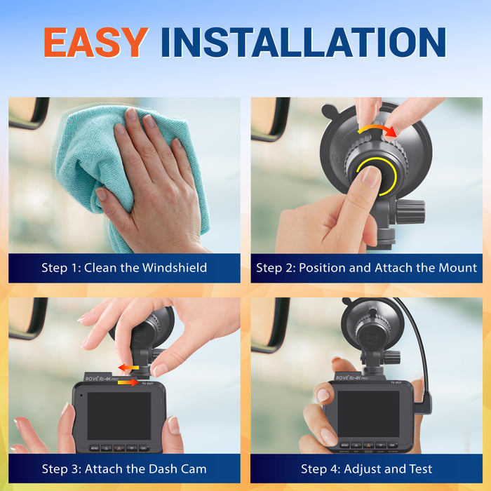 ROVE suction cup dash cam mount installation with quick attach and twist lock