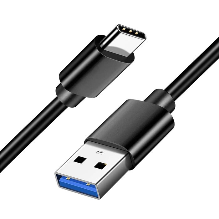 USB-A to USB-C data cable, close-up view of black connectors and cable ends