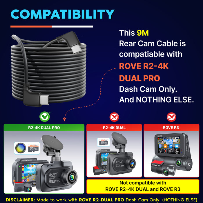 Coiled 9M rear cam cable with USB-C ends for ROVE R2-4K DUAL PRO dash cam