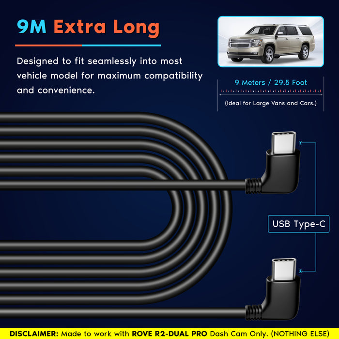 9M extra-long black rear cam cable with USB-C connectors for dash cam power
