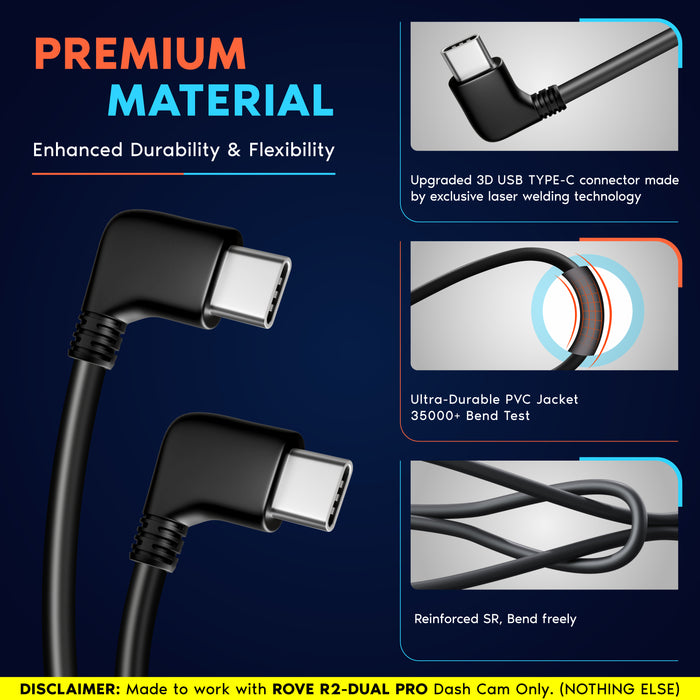 Black USB-C rear cam cable with durable PVC jacket and reinforced bend design