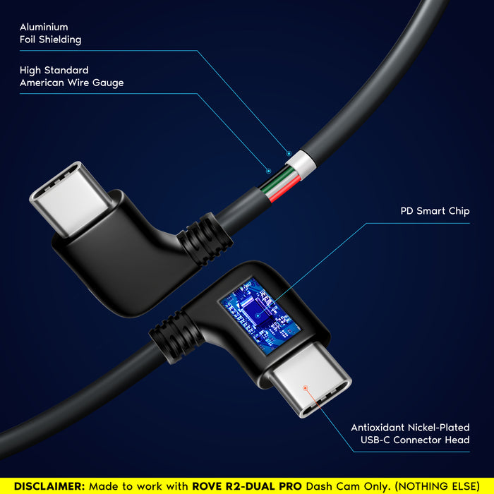 Black 90-degree rear cam cable with USB-C connector head and shielding wire
