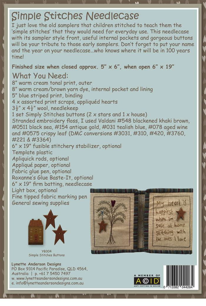 Simple Stitches Needlecase by Lynette Anderson Pattern Back