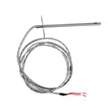 A stainless steel thermal probe with a long wire coil and a thin metal rod, featuring red and black wire leads at the end, shown on a plain white background.