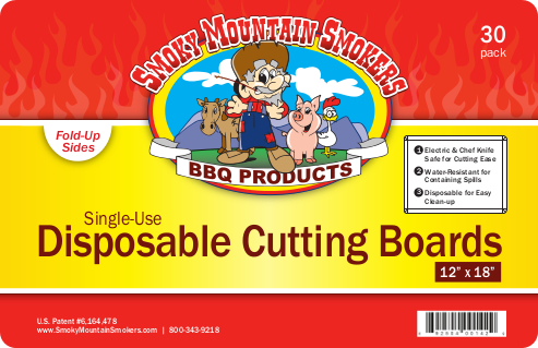 Packaging for Smoky Mountain Smokers disposable cutting boards, featuring product information and branding.