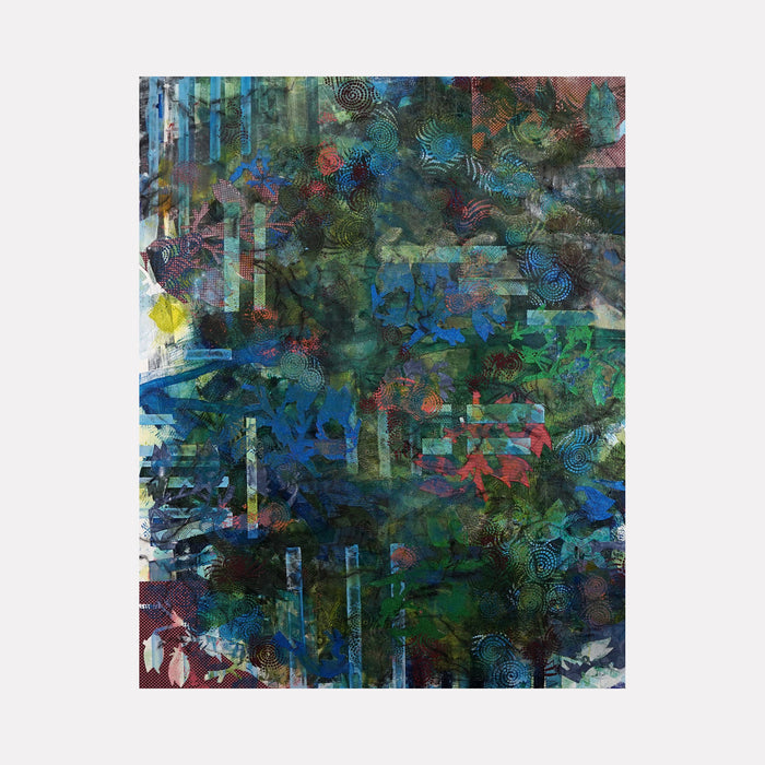 The artwork 'Spring Into the Night' by Lisa Petker Mintz features a layered abstract composition with deep emerald greens and celestial blues. Vertical geometric shapes create a forest-like pattern, while splashes of coral and yellow add dynamic contrast. Mixed media technique combines printed paper and acrylic, creating a mystical, underwater atmosphere on canvas.