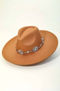 Tan- Chain Strap Flat Brim Fedora Fashion Hat