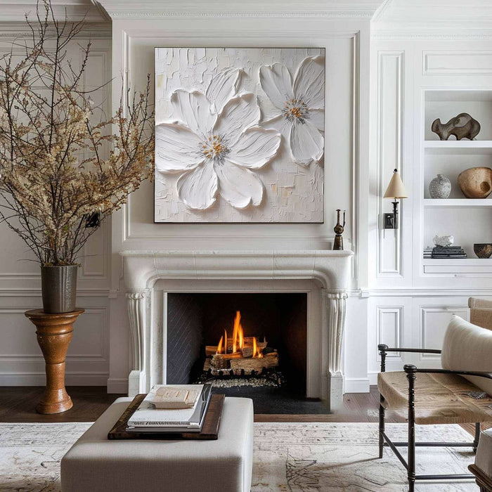 Textured White Blossom Canvas Art Luxurious Floral Wall Decor #FT 029