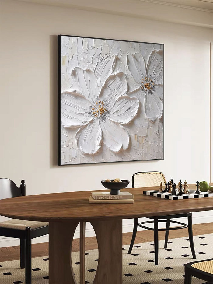 Textured White Blossom Canvas Art Luxurious Floral Wall Decor #FT 029