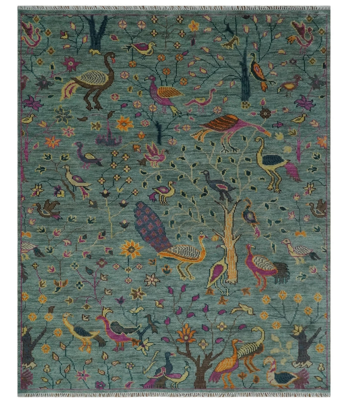 The Jungle Life Peacock on tree Rug Hand Knotted Multi Size Green Wool Rug - The Rug Decor