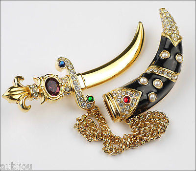 Trifari Limited Edition Enamel Rhinestone Dagger Sword Chatelaine Brooch Pin