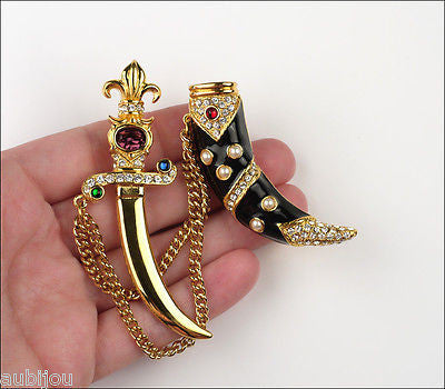 Trifari Limited Edition Enamel Rhinestone Dagger Sword Chatelaine Brooch Pin