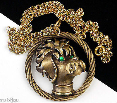 Vintage Crown Trifari 3D Figural Dog Poodle Pendant Necklace Green Cabochon Pet