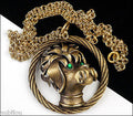 Vintage Crown Trifari 3D Figural Dog Poodle Pendant Necklace Green Cabochon Pet
