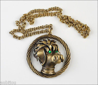 Vintage Crown Trifari 3D Figural Dog Poodle Pendant Necklace Green Cabochon Pet