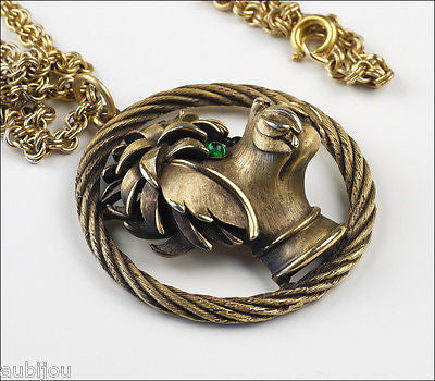 Vintage Crown Trifari 3D Figural Dog Poodle Pendant Necklace Green Cabochon Pet