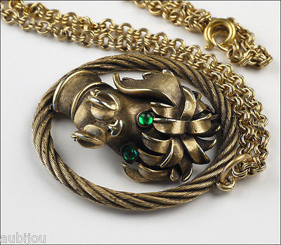 Vintage Crown Trifari 3D Figural Dog Poodle Pendant Necklace Green Cabochon Pet