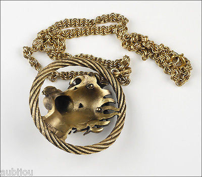 Vintage Crown Trifari 3D Figural Dog Poodle Pendant Necklace Green Cabochon Pet