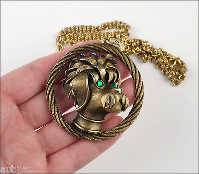 Vintage Crown Trifari 3D Figural Dog Poodle Pendant Necklace Green Cabochon Pet