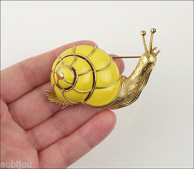 Vintage Crown Trifari 3D Figural Yellow Enamel Snail Brooch Pin Shell Slug 1960's