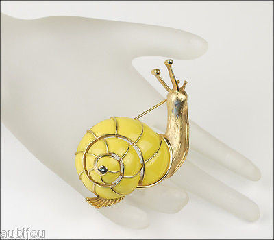 Vintage Crown Trifari 3D Figural Yellow Enamel Snail Brooch Pin Shell Slug 1960's