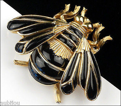 Vintage Crown Trifari Figural Black Enamel Bee Fly Bug Insect Brooch Pin 1960's