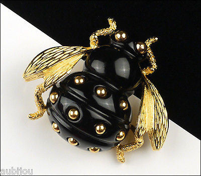 Vintage Crown Trifari Figural Black Lucite Bee Bug Fly Insect Brooch Pin 1960's