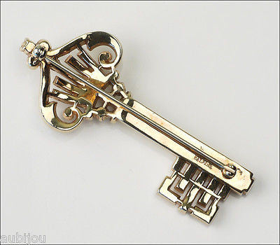 Vintage Crown Trifari Figural Clear Rhinestone Goldtone Key Brooch Pin Jewelry 1950's